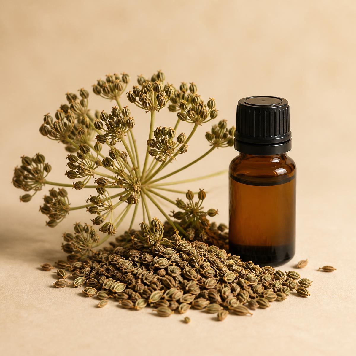 Studio photograph of dried angelica seeds and a seed umbel beside an amber glass vial
