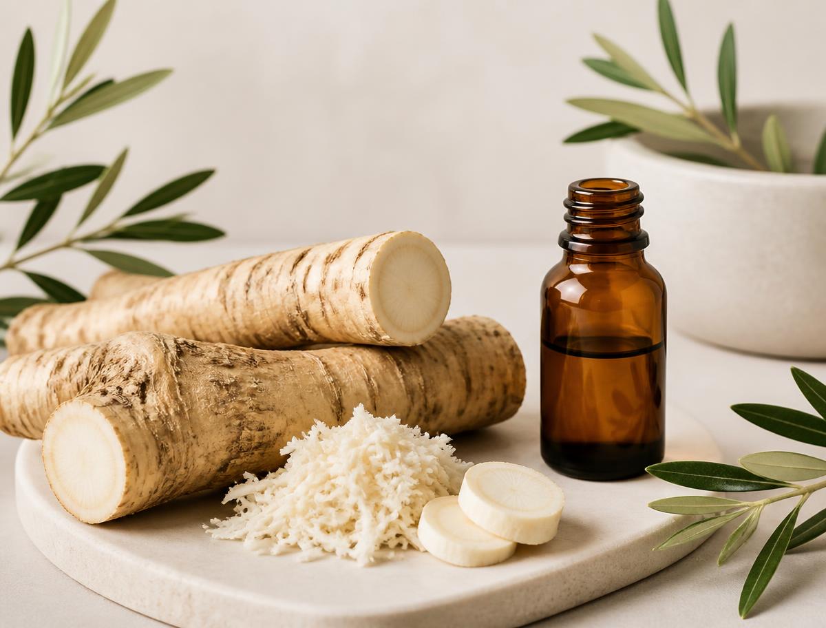 Studio photograph of horseradish roots beside a small amber vial of essential oil
