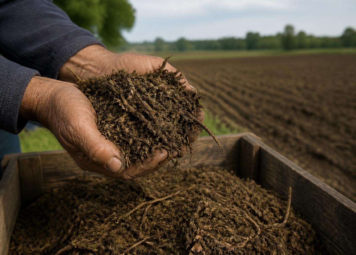 Spent plant material held above a wooden crate at the edge of a field